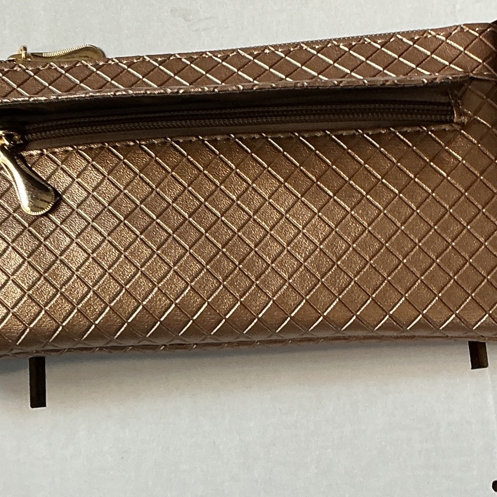 Bronze Woven Wristlet Clutch Wallet w Strap Gold Hardware - Picture 3 of 5